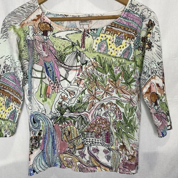 CAREN BROOK Blouse Artsy Watercolor Foliage Horse Beaded 3/4 Sleeve Womens L - Picture 2 of 12
